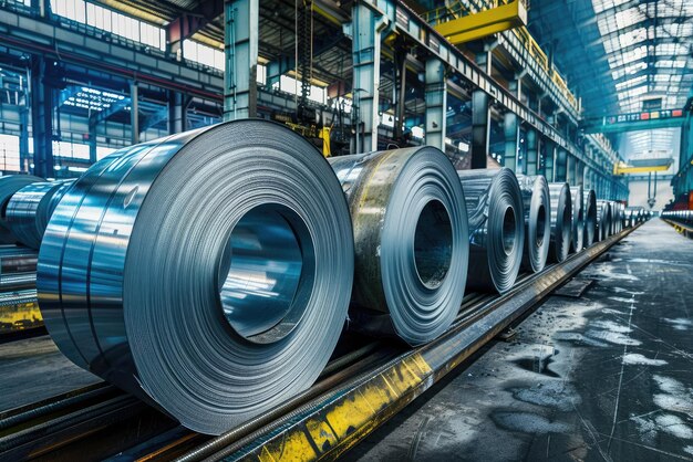 Rolls of galvanized steel sheet inside the factory or warehouse Industrial production