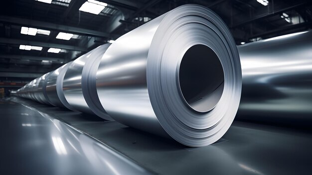 Rolls of galvanized steel sheet inside the factory or warehouse neural network ai generated