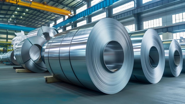 Rolls of galvanized steel sheet inside the factory or warehouse