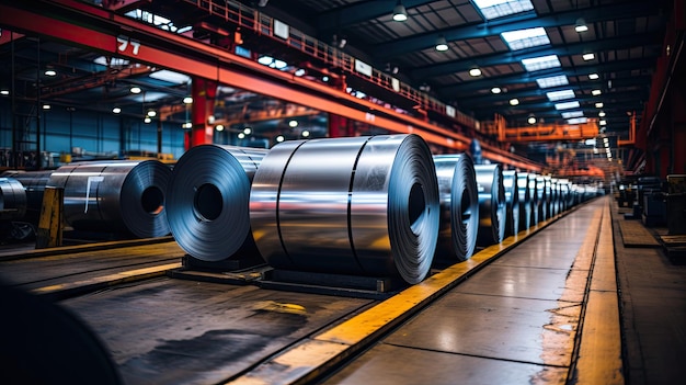 Rolls of galvanized steel sheet inside the factory or warehouse