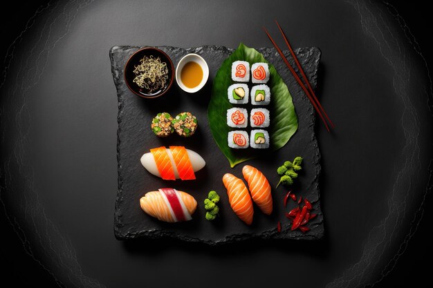 Rolls maki and nigiri sushi Set served for two on a dark colored background copy area with a black stone slate