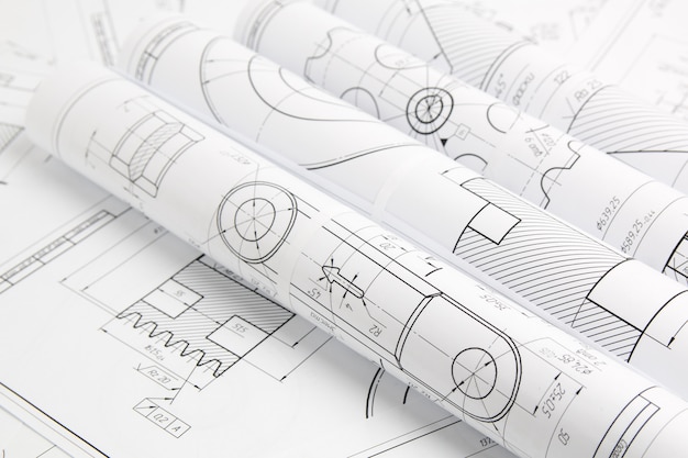 Rolls paper engineering drawings of mechanisms and machine