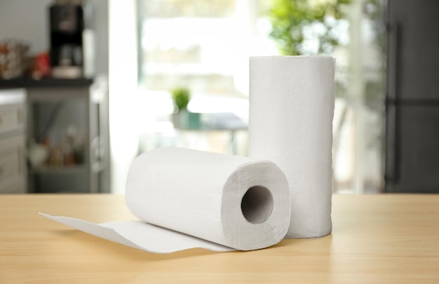 Rolls of paper towels on table indoors