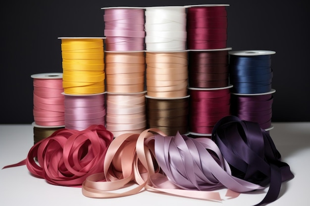 Rolls of satin ribbons in various tones and sizes