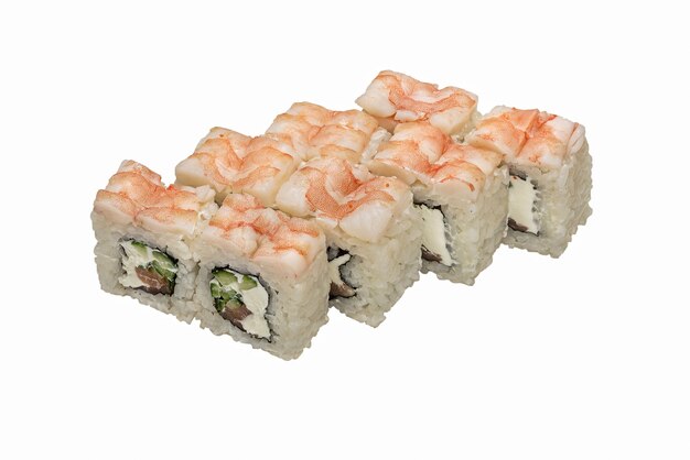 Rolls- sushi with shrimp top.