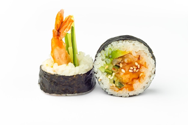 Rolls on a white background rolls and sushi sushi with different fillings