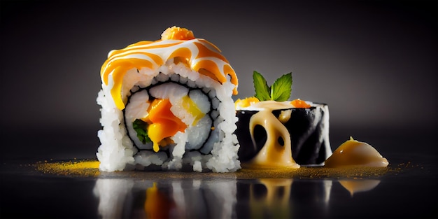 A rolls with salmon avocado tuna and cucumber isolated on white background Fresh hosomaki pieces with rice and nori Closeup of delicious japanese food with sushi roll generative ai