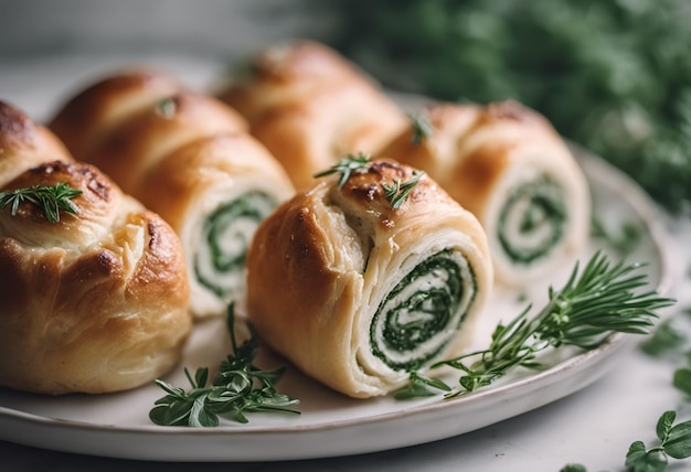 Rolls with spinach and cream cheese on a white plate