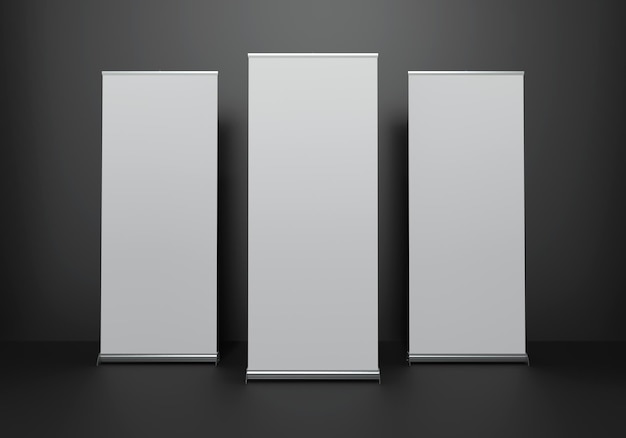 사진 스튜디오 조명 흰색 브랜드 복사 공간 3d 렌더 일러스트레이션이 있는 다크 매트 블랙 스튜디오 장면의 롤업 배너 목업 템플릿