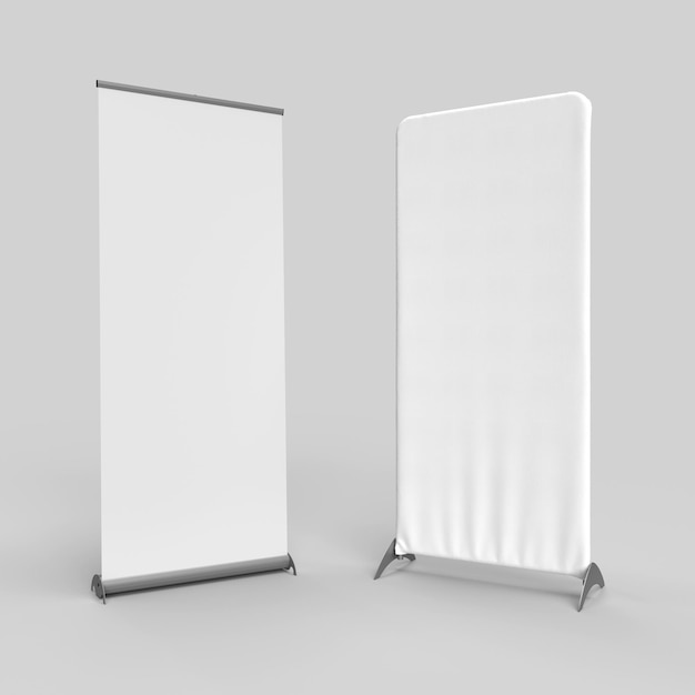 Rollup Banner and Spandex Textile Exhibition Wall isolated on a grey background