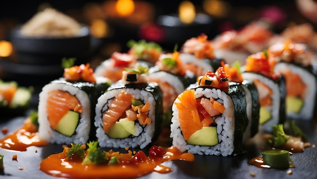 Rolos de sushi coloridos e empilhados com molhos vibrantes