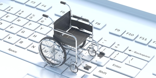 Rolstoel leeg op witte computerlaptop toetsenbord 3d illustratie