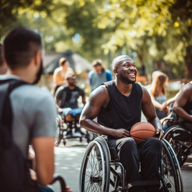 rolstoelbasketbalspel in de stad focus op Afro-Amerikaanse man met basketbal AI gegenereerd