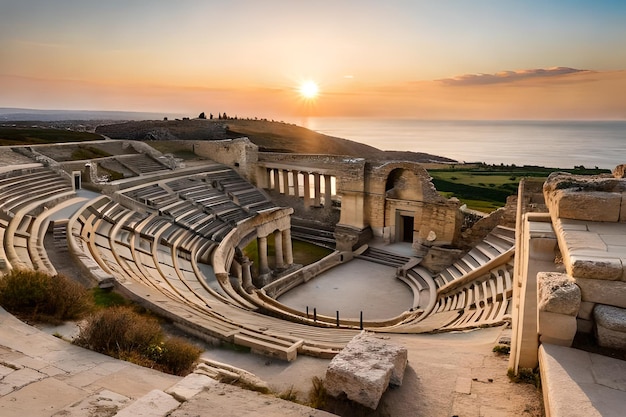 Photo a roman amphitheater at sunset with the sun setting behind it
