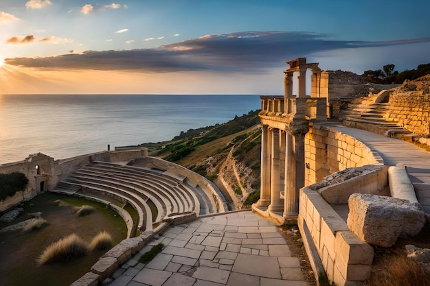 A roman amphitheater with the sea in the background