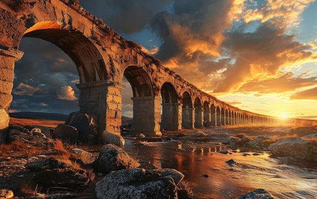 Roman Aqueduct in Dramatic Sky