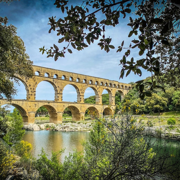 Roman aqueduct seen through foliage PontduGard LanguedocRoussillon France