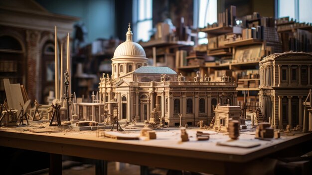 Фото Студия римских архитекторов демонстрирует архитектурные модели, чертежи и вдохновение для дизайна