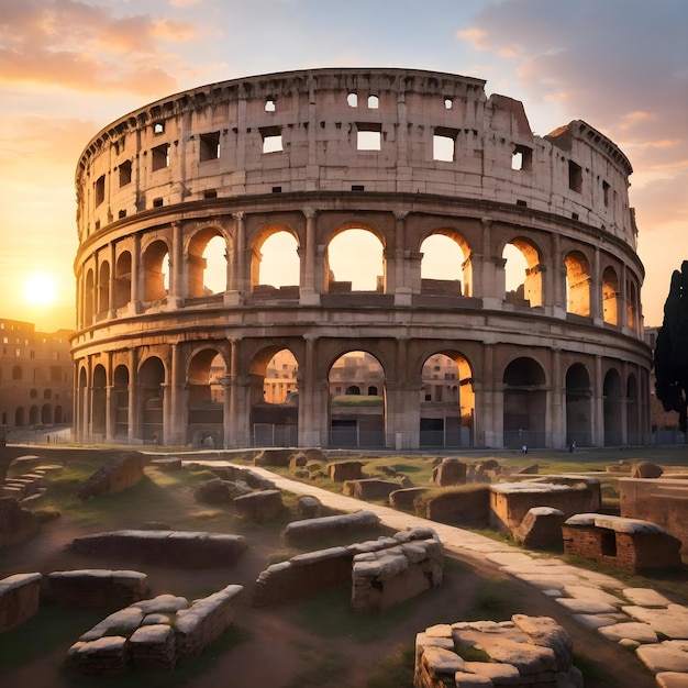日の出のローマのコロッセオの象徴的な美しさが明らかに