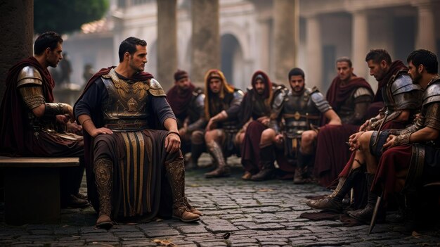 Photo roman emperor bestows honors upon legionnaires in courtyard