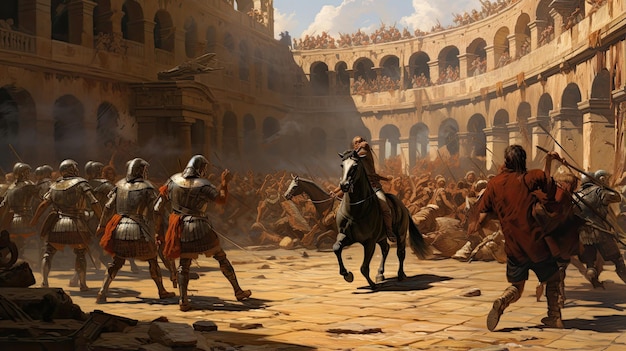 Roman gladiators fighting in a colosseum