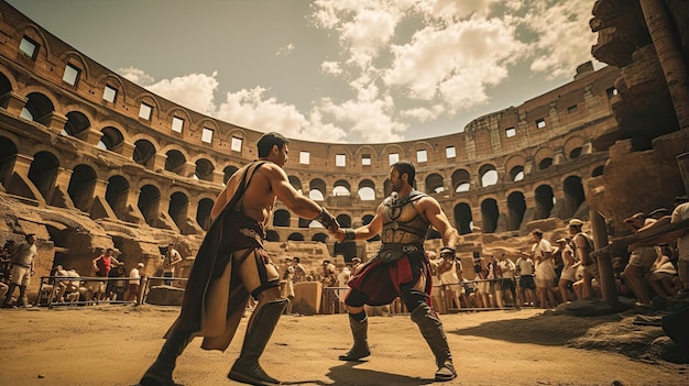 Roman gladiators fighting in a colosseum