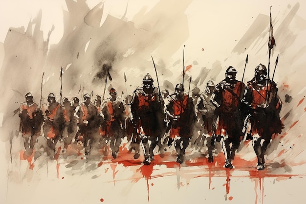 Roman legionnaires marching on aged paper