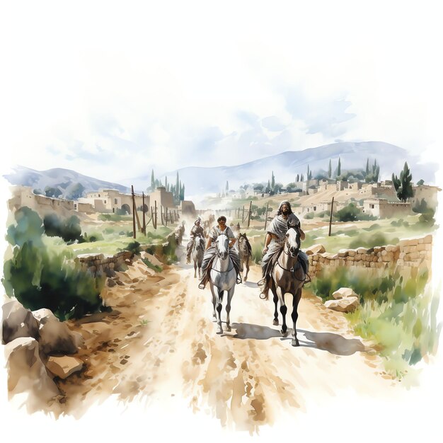 Photo roman road lined with milestones and travelers on foot or horseback illustration