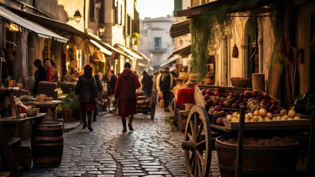 Foto la strada romana attraversa una fiorente città di mercato con venditori che vendono merci