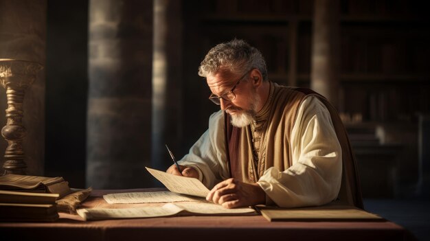 Photo roman scholar transcribing ancient texts onto parchment preserving knowledge