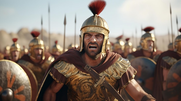 Foto soldato romano in armatura e casco che guida un esercito