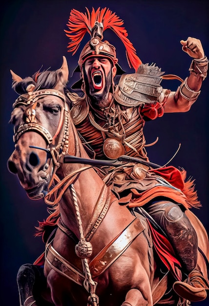 A roman soldier on horseback wearing a gladiator's helmet