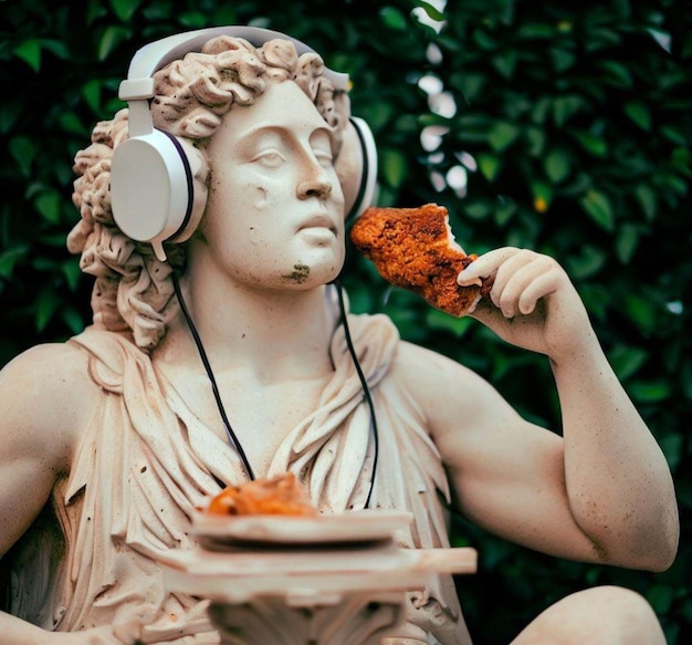 Foto statua romana che mangia pollo fritto con uno sfondo verde