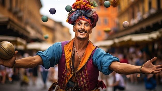 Photo roman street performer entertains in market square