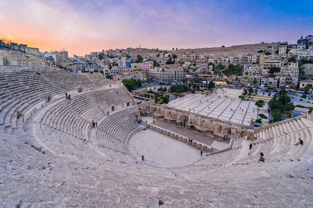 Roman Theatre at dusk in Amman, Jordan. 