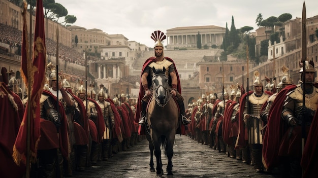 Foto processione trionfale romana con generali vittoriosi, carri e folle