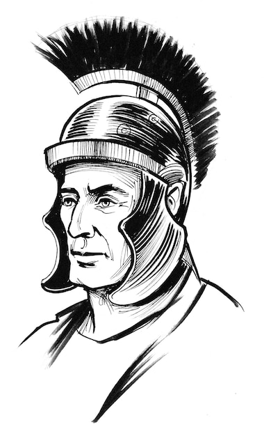 Roman warrior in helmet. Ink black and white drawing