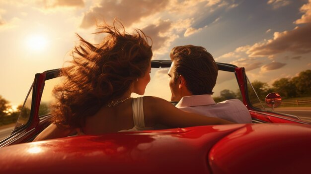 Photo romance as a happy couple travels by car driving a convertible at sunset a vibrant image symbolizing the joyous journey relationship bliss and the freedom of love on the road