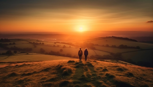 Romance backlit by sunset two embracing lovers generated by AI