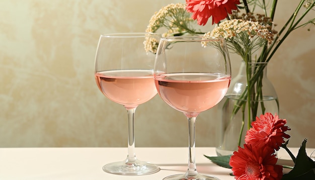 写真 人工知能によって生成されたワインと花でテーブルにロマンスがく