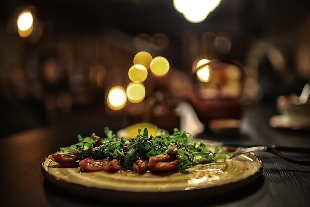 romance dinner restaurant table setting, background in abstract bar table food and wine