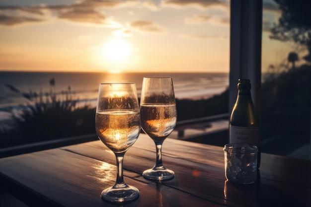 Romance of a wedding anniversary with two champagne glasses at a golden sunset