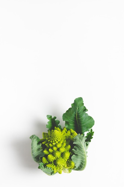 Romanesco broccoli with leaves on white background with copy space.