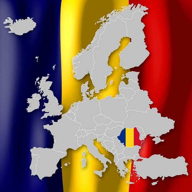 Photo romania country borders and flag selected on map of europe