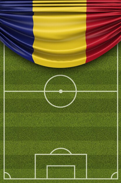 Romania country flag draped over a football soccer pitch 3D Rendering