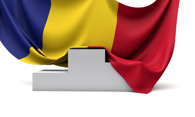 Romania flag draped over a competition winners podium 3D Render