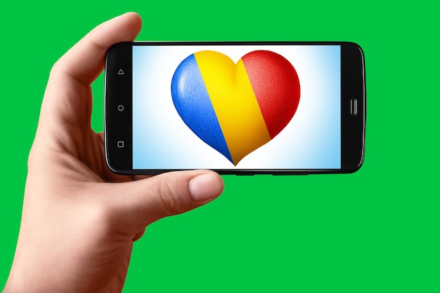 Romania flag in the shape of a heart on the phone screen A smartphone in hand shows a flag heart on a chroma key background