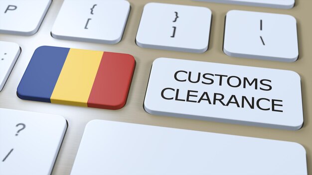 Romania national flag and text customs clearance on button 3d illustration