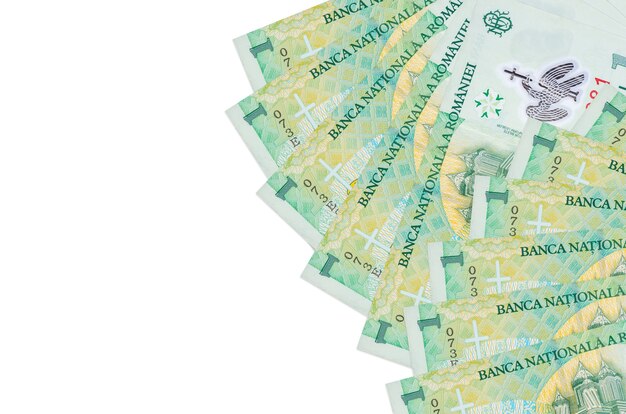 Romanian leu bills laying on white surface