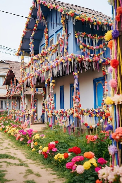 Romanian village with homes decorated with Mrior ribbons